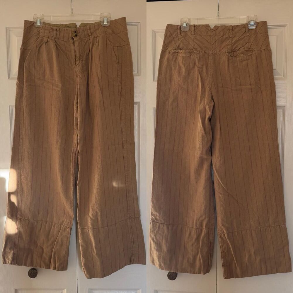 Free People cotton linen tan pink pinstripe wide leg trousers SZ 10 boho indie